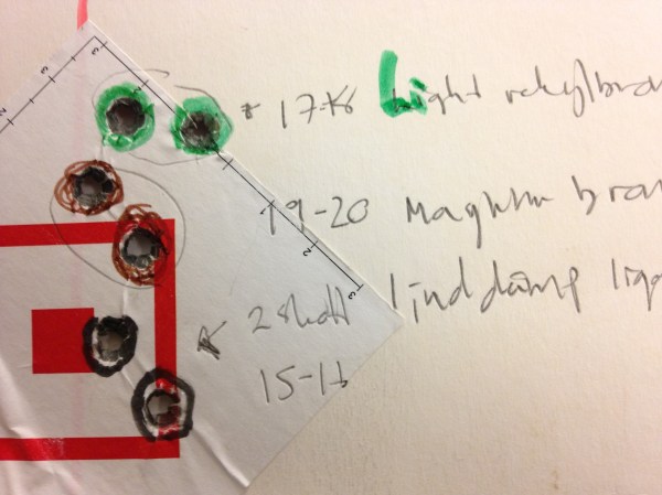 This picture shows the shift of POI at 100m using different brakes and suppressor. 